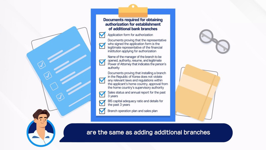 Documents required for obtaining authorization for establishment of additional bank branches / Application form for authorization / Documents proving that the representative who signed the application form is the legitimate representative of the financial institution applying for authorization / Name of the manager of the branch to be opened, authority, resume, and legitimate Power of Attorney that indicates the person's authority / Documents proving that installing a branch in the Republic of Korea does not violate any relevant laws and regulations within the applicant's home country, approval from the home country's supervisory authority / Sales status and annual report for the past 3 years / BIS capital adequacy ratio and details for the past 3 years / Branch operation plan and sales plan / are the same as adding additional branches