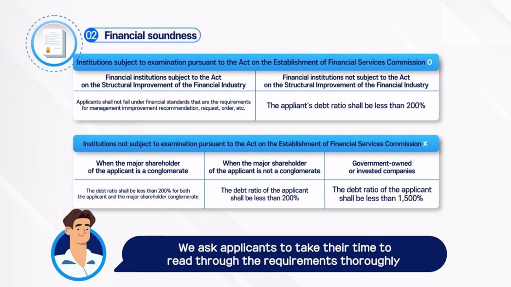 02 Financial soundness / Institutions subject to examination pursuant to the Act on the Establishment of Financial Services Commission O / Financial institutions subject to the Act on the Structural Improvement of the Financial Industry - Applicants shall not fall under financial standards that are the requirements for management immprovement recommendation, request, order, etc. / Financial institutions not subject to the Act on the Structural Improvement of the Financial Industry - The appliant's debt ratio shall be less than 200% / Institutions not subject to examination pursuant to the Act on the Establishment of Financial Services Commission X / When the major shareholder of the applicant is a conglomerate - The debt ratio shall be less than 200% for both the applicant and the major shareholder conglomerate / When the major shareholder of the applicant is not a conglomerate - The debt ratio of the applicant shall be less than 200% / Government-owned or invested companies - The debt ratio of the applicant shall be less than 1,500% / We ask applicants to take their time to read through the requirements thoroughly
