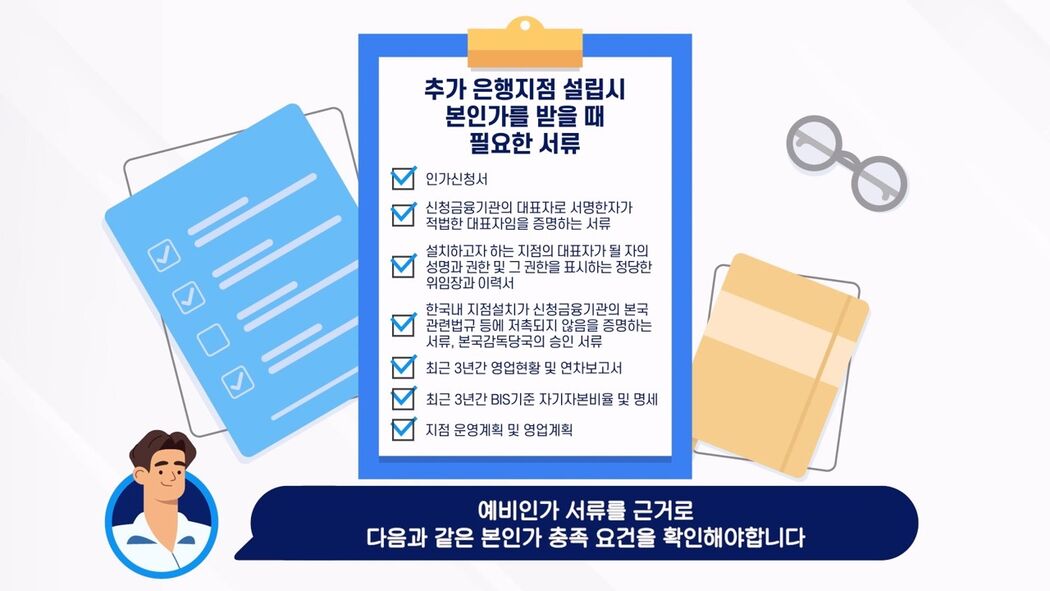 추가 은행지점 설립시 본인가를 받을때 필요한 서류 / 인가신청서, 신청금융기관의 대표자로 서명한자가 적법한 대표자임을 증명하는 서류, 설치하고자 하는 지점의 대표자가 될 자의 성명과 권한 및 그 권한을 표시하는 정당한 위임장과 이력서, 한국내 지점설치가 신청금융기관의 본국 관련법규 등에 저촉되지 않음을 증명하는 서류, 본국감독당국의 승인 서류, 최근 3년간 영업현황 및 연차보고서, 최근 3년간 BIS기준 자기자본비율 및 명세, 지점 운영계획 및 영업계획 / 예비인가 서류를 근거로 다음과 같은 본인가 충족 요건을 확인해야합니다.