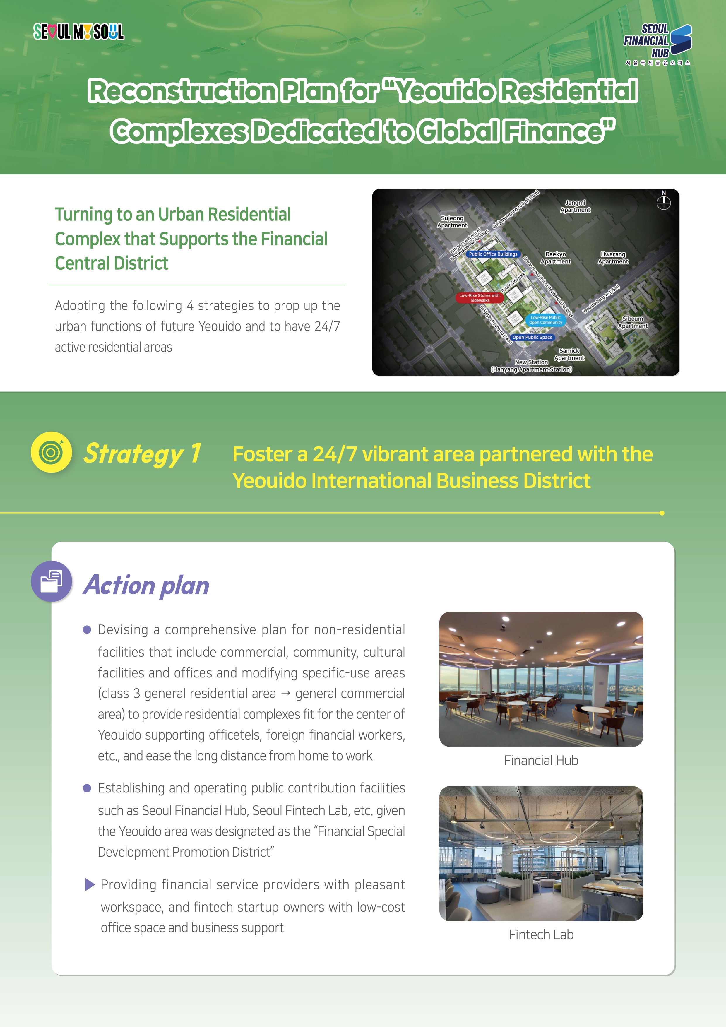SEOUL MY SOUL / SEOUL FINANCIAL HUB 서울국제금융 오피스 / Reconstruction Plan for 'Yeouido Residential Complexes Dedicated to Global Finance' / Turning to an Urban Residential Complex that Supports the Financial Central District / Adopting the following 4 strategies to prop up the urban functions of future Yeouido and to have 24/7 active residential areas / Sujeong, Apartment, Entrance and exit of Non-Residential Facilities Gukjegeumyung-ro7-gil (20m),Public Office Buildings,Low-Rise Stores with Sidewalks,Gukjegeumyung ro (34m),Public Sidewalk,Jangmi Apartment,Daekyo Apartment,Hwarang Apartment,Entrance and Exit of Residential Facilities,Low-Rise Public,Open Community,Open Public Space,Yeouidaebang To(35m),Sibeum Apartment,Samick Apartment,New Station (Hanyang Apartment Station) / Strategy 1 Foster a 24/7 vibrant area partnered with the Yeouido International Business District / Action plan - Devising a comprehensive plan for non-residential facilities that include commercial, community, cultural facilities and offices and modifying specific-use areas (class 3 general residential area → general commercial area) to provide residential complexes fit for the center of Yeouido supporting officetels, foreign financial workers, etc., and ease the long distance from home to work, - Establishing and operating public contribution facilities such as Seoul Financial Hub, Seoul Fintech Lab, etc. given the Yeouido area was designated as the 'Financial Special Development Promotion District', - Providing financial service providers with pleasant workspace, and fintech startup owners with low-cost office space and business support / Financial Hub, Fintech Lab