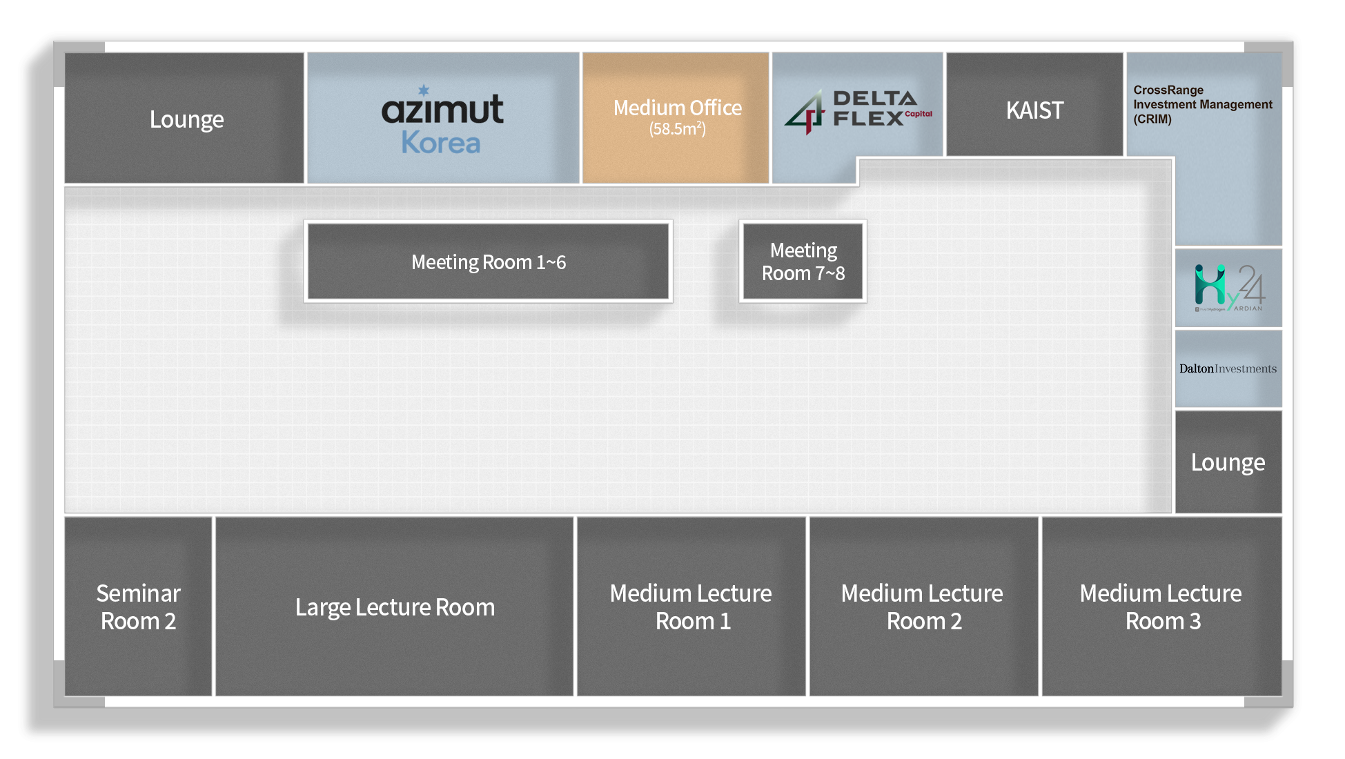 Lounge, 50.89㎡ Office Office (Up to 10 persons), 54.63㎡ Office (Up to 10 persons), 25.88㎡ Office (Up to 5 persons), 25.88㎡ Office (Up to 5 persons), 25.88㎡ Office (Up to 5 persons), 25.88㎡ Office (Up to 5 persons), 40.39㎡ Office (Up to 8 persons), 42.04㎡ Office (Up to 8 persons), 45.96㎡ Office (Up to 8 persons), 82.46㎡ Office (Up to 20 persons), 65.1㎡ Office (Up to 15 persons), CABEI, Administration Office, Seminar Room, Meeting Room, Meeting Room, Meeting Room