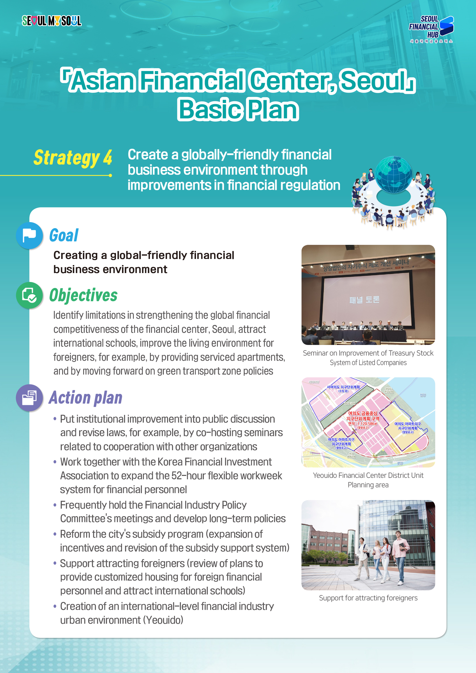 SEOUL MY SOUL / SEOUL FINANCIAL HUB 서울국제금융오피스 / Asian Financial Center, Seoul Basic Plan / Strategy 4 : Create a globally-friendly financial business environment through improvements in financial regulation / Goal : Creating a global-friendly financial business environment / Objectives : Identify limitations in strengthening the global financial competitiveness of the financial center, Seoul, attract international schools, improve the living environment for foreigners, for example, by providing serviced apartments, and by moving forward on green transport zone policies / Action plan : • Put institutional improvement into public discussion
and revise laws, for example, by co-hosting seminars related to cooperation with other organizations • Work together with the Korea Financial Investment Association to expand the 52-hour flexible workweek system for financial personnel • Frequently hold the Financial Industry Policy Committee's meetings and develop long-term policies • Reform the city's subsidy program (expansion of incentives and revision of the subsidy support system) • Support attracting foreigners (review of plans to provide customized housing for foreign financial personnel and attract international schools) • Creation of an international-level financial industry urban environment (Yeouido) / Seminar on Improvement of Treasury Stock System of Listed Companies, Yeouido district unit plans area on financial, Support for attracting foreigners