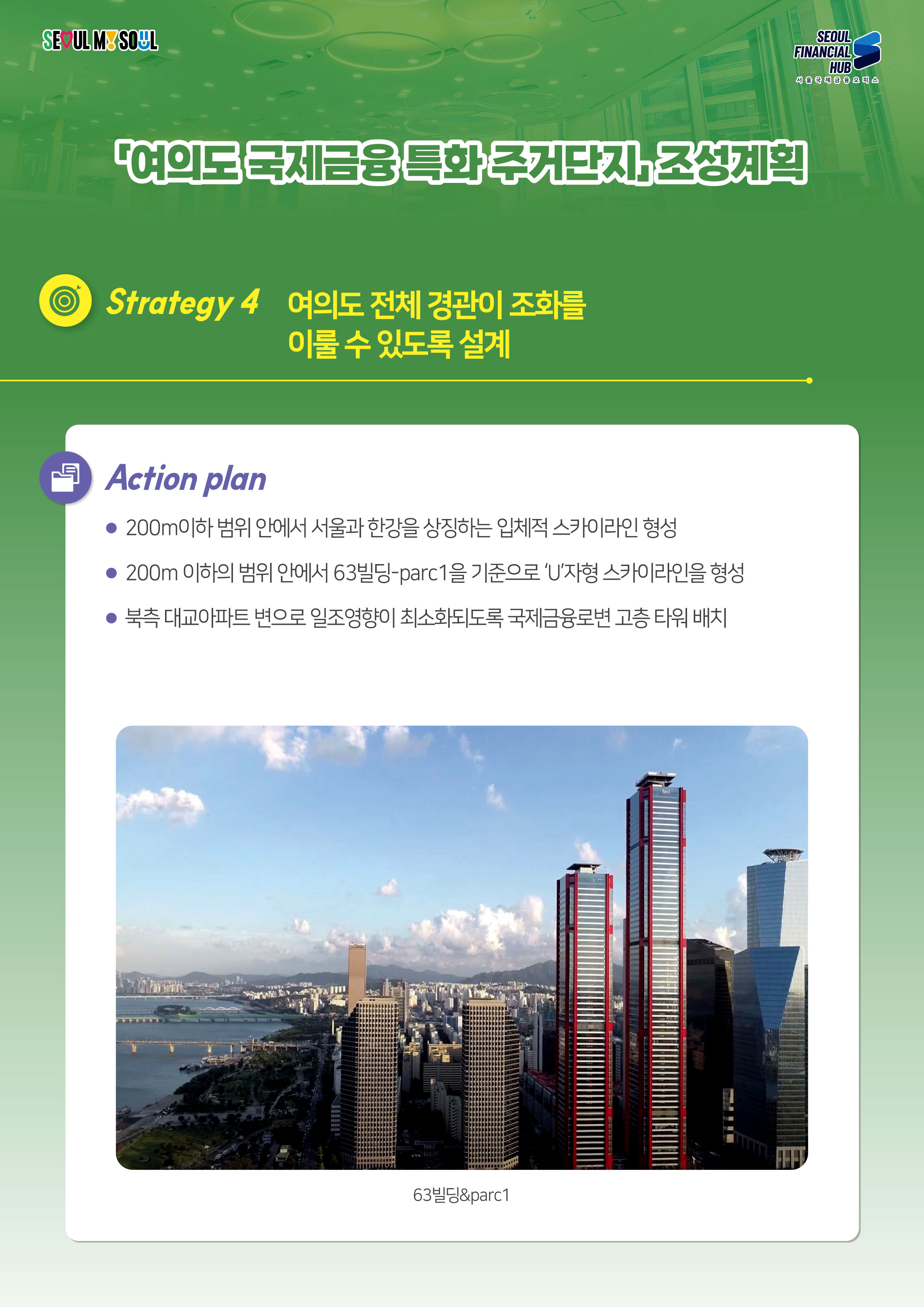 SEOUL MY SOUL / SEOUL FINANCIAL HUB 서울국제금융 오피스 / 여의도국제금융 특화 주거단지 조성계획 / Strategy 4 여의도 전체 경관이 조화를
이룰 수 있도록 설계 / Action plan :  200m이하 범위 안에서 서울과 한강을 상징하는 입체적 스카이라인 형성 / 200m 이하의 범위 안에서 63빌딩-parc1을 기준으로 'U'자형 스카이라인을 형성 / 북측 대교아파트 변으로 일조영향이 최소화되도록 국제금융로변 고층 타워 배치(63빌딩&parc1)