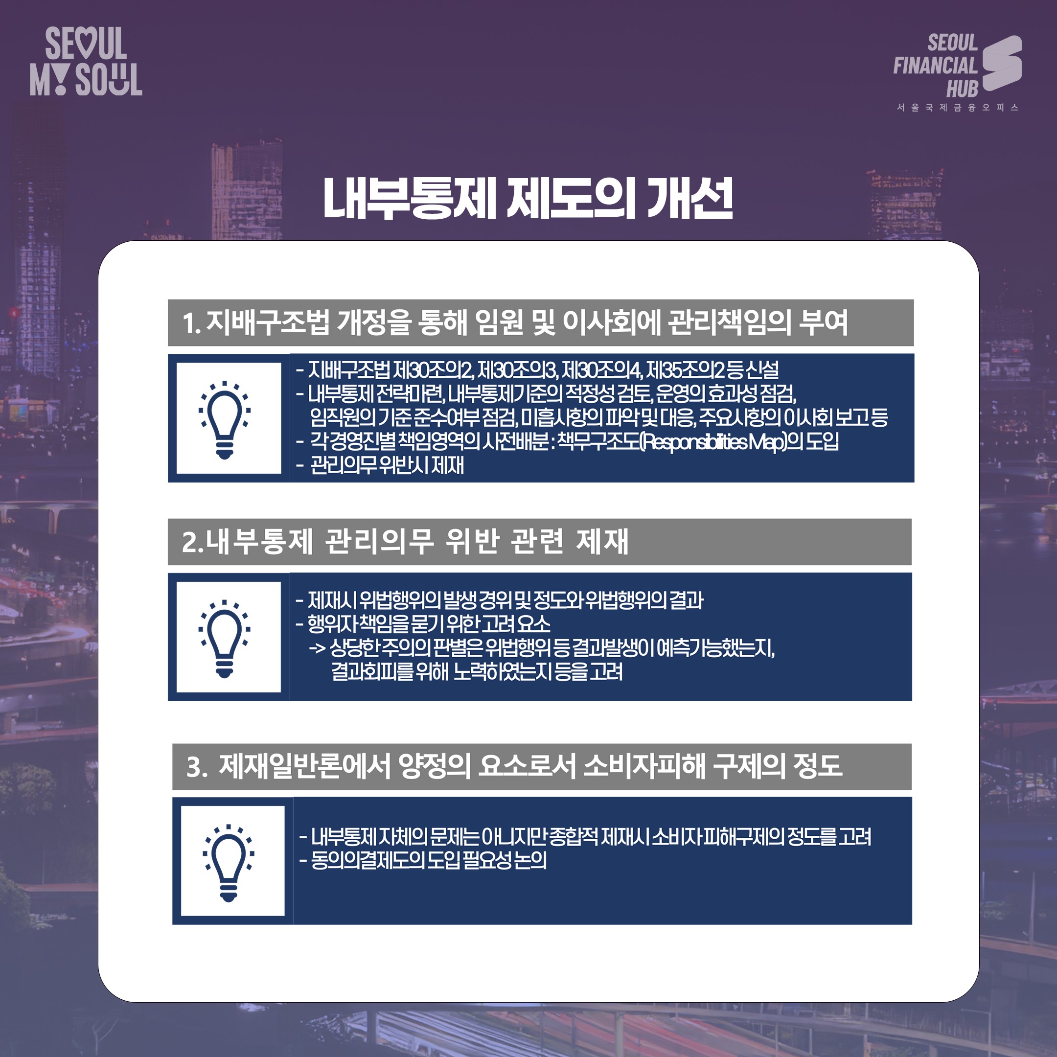 내부통제제도의 개선.
1. 지배구조법 개정을 통해 임원 및 이사회에 관리책임의 부여
- 지배구조법 제30조의2, 제30조의3, 제30조의4 제35조의2등신설
- 내부통제 전략마련, 내부통제기준의 적정성검토,운영의 효과성점검, 임직원의 기준준수여부 점검, 미흡사항의 파악및 대응,주요사항의 이사회보고등
- 각경영진별책임영역의 사전배분:책무구조도(Responsibities Map)의 도입
- 관리의무위반시 제재
2.내부통제 관리의무 위반 관련 제재
- 제재시위법행위의 발생 경위 및 정도와위법행위의 결과
- 행위자책임을 묻기 위한고려요소
→상당한 주의의 판별은 위법행위등결과발생이 예측가능했는지, 결과회피를 위해 노력하였는지 등을 고려
3. 제재일반론에서 양정의 요소로서 소비자피해 구제의 정도
- 내부통제 자체의 문제는 아니지만종합적제재시소비자피해구제의 정도를 고려
- 동의의결제도의 도입 필요성논의