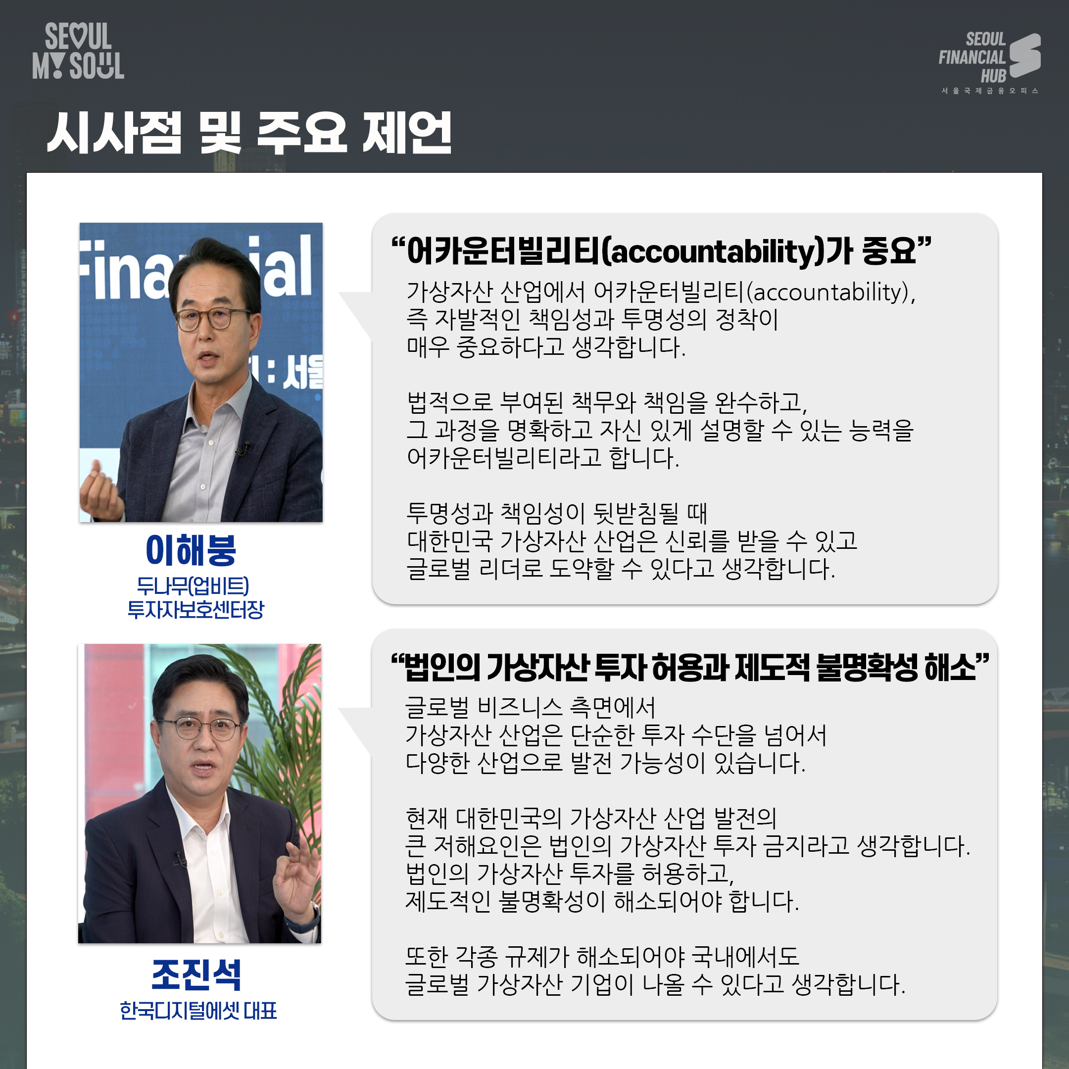 시사점 및 주요 제언
이해붕 두나무 업비트 투자자보호센터장. 어카운터빌리티 accountability 가 중요. 가상자산 산업에서 어카운터빌리티(accountability) 즉 자발적인 책임성과 투명성의 정착이 매우 중요하다고 생각합니다. 법적으로 부여된 책무와 책임을 완수하고 그 과정을 명확하고 자신 있게 설명할 수 있는 능력을 어카운터빌리티라고 합니다. 투명성과 책임성이 뒷받침될 때 대한민국 가상자산 산업은 신뢰를 받을 수 있고 글로벌 리더로 도약할 수 있다고 생각합니다.
조진석 한국디지털에셋 대표. 법인의 가상자산 투자 허용과 제도적 불명확성 해소.글로벌 비즈니스 측면에서 가상자산 산업은 단순한 투자 수단을 넘어서 다양한 산업으로 발전 가능성이 있습니다.현재 대한민국의 가상자산 산업 발전의 큰 저해요인은 법인의 가상자산 투자 금지라고 생각합니다.법인의 가상자산 투자를 허용하고 제도적인 불명확성이 해소되어야 합니다.또한 각국 규제가 해소되어야 국내에서도 글로벌 가상자산 기업이 나올 수 있다고 생각합니다.