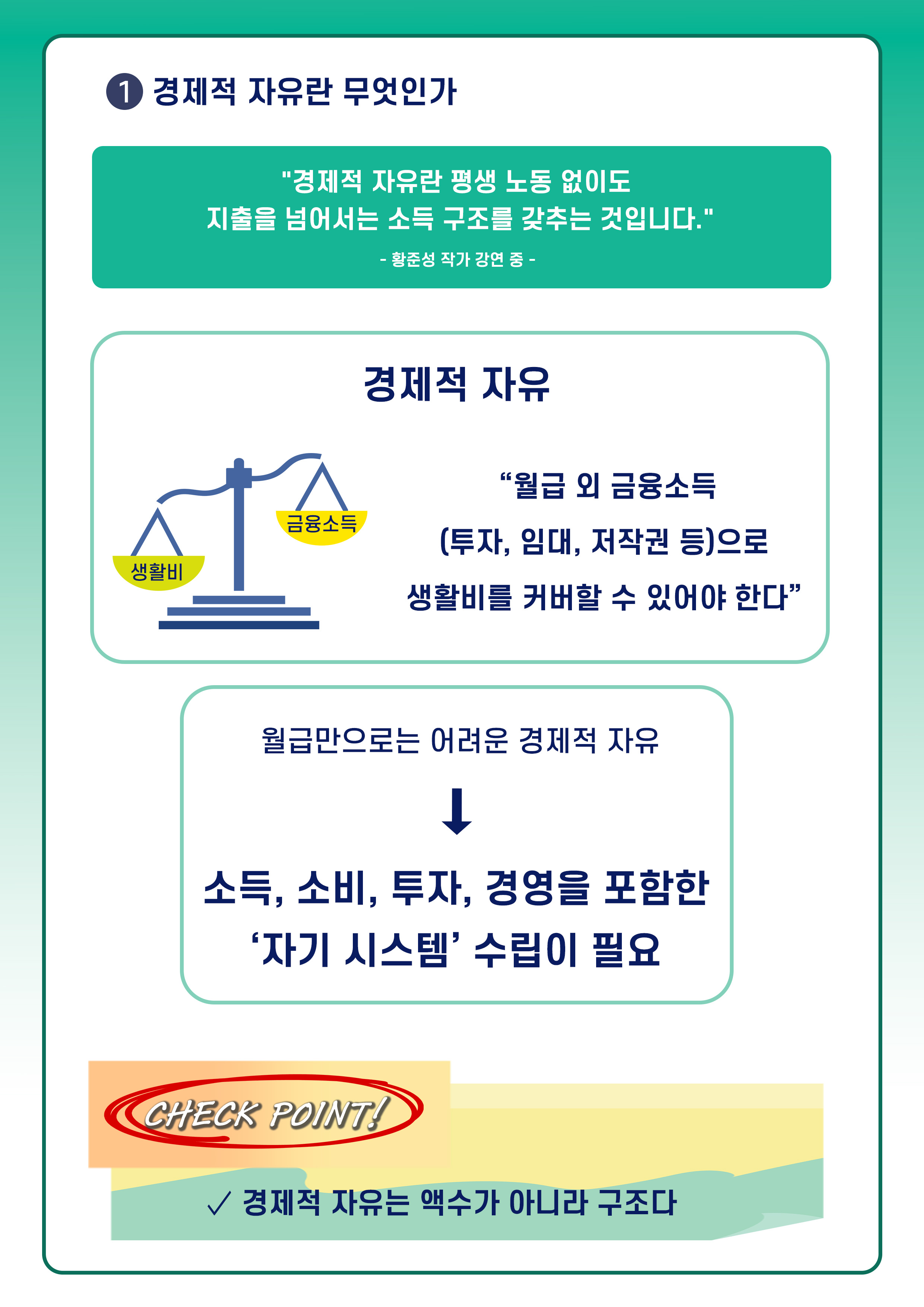 ① 경제적 자유란 무엇인가
경제적 자유란 평생 노동 없이도 지출을 넘어서는 소득 구조를 갖추는 것입니다.
황준성 작가 강연 중 -
경제적 자유(생활비와 금융소득 중 생활비 쪽으로 더 기울어져 있는 저울 이미지) : 월급 외 금융소득(투자, 임대, 저작권 등)으로 생활비를 커버할 수 있어야 한다
월급만으로는 어려운 경제적 자유 :  소득, 소비, 투자, 경영을 포함한 자기 시스템 수립이 필요
CHECK POINT!
✓ 경제적 자유는 액수가 아니라 구조다